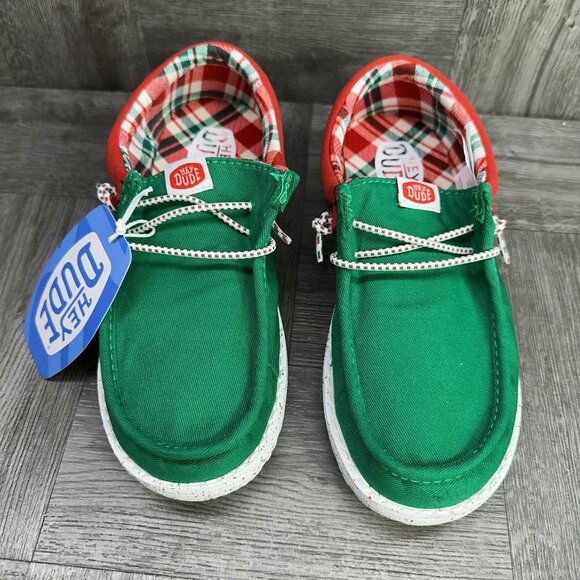 Hey Dude Kids size 13 Holiday Elf Green Red Slip On Shoes - Picture 4 of 8